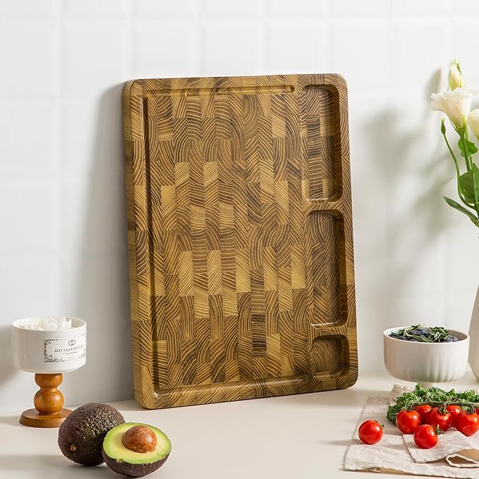 Teak Wood Cutting Boards for Kitchen, Large Charcuterie Board with Handle, 1" Thick Butcher Block, End Grain Cutting Board, Reversible Wooden Chopping Board for Meal Prep & Serving, 17"×13"