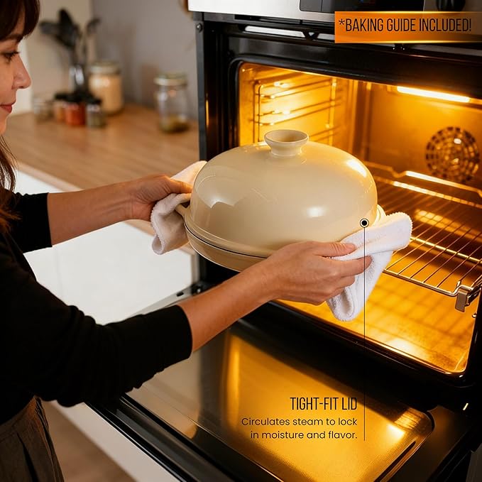 Kook Bread Oven, with Lid and Handles, Enameled Cast Iron Pan and Ceramic Lid, For Baking, Cooking, Roasting and more (Ivory)