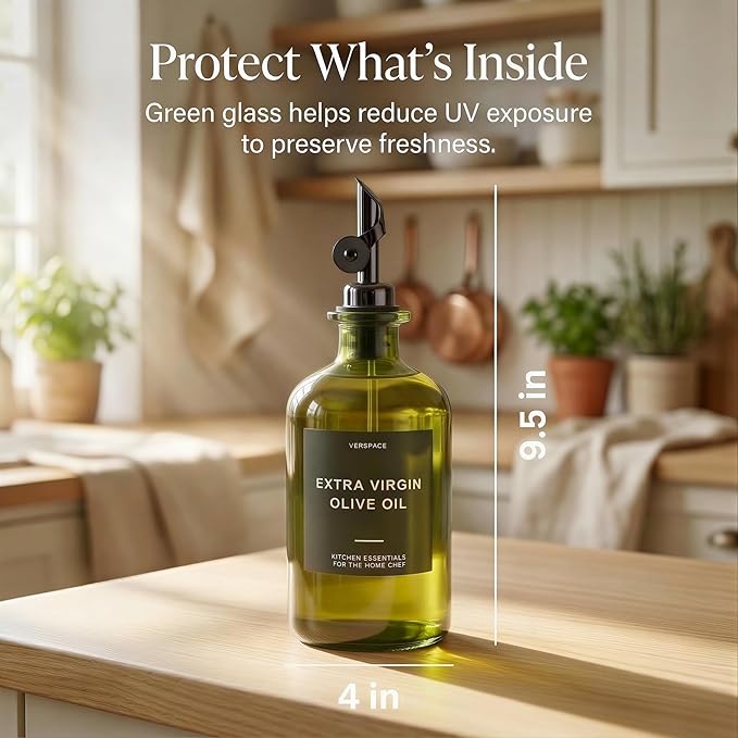 UV-Protected Green Glass Olive Oil Dispenser Bottles For Kitchen - Includes 40 Kitchen Essential Labels, Avocado Oil Dispenser Set, Modern Decor for Home, Airbnb, Cafe Set of 2