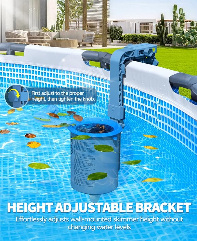 Upgrade Above Ground Pool Skimmer Comes with 3 Socks, Anti-tilt Wall Mount Surface Skimmer, Removable Skimmer Basket, Adjustable Height Bracket, Auto Skimming Pool Surface Leaves - Blue
