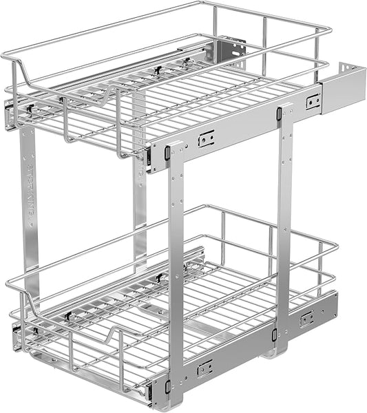 2 Tier Pull Out Cabinet Organizer 11" W X 17" D, Slide Out Drawers for Kitchen Cabinets, Pull Out Drawers for Cabinets Capacity Heavy Duty Caddy, Cabinet Pullout Shelves Chrome-Plated,Bathroom Pantry