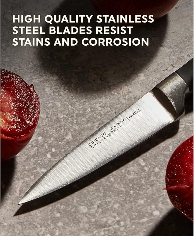 Chicago Cutlery Insignia Triple Rivet Poly (18-PC) Kitchen Knife Block Set With Wooden Block & Built-In Sharpener, Black Ergonomic Handles and Sharp Stainless Steel Professional Chef Knife Set
