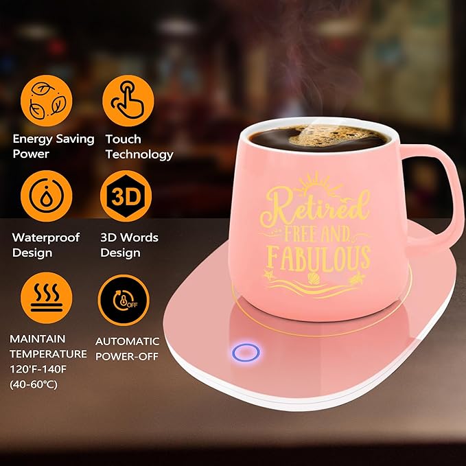 Retirement Gift for Woman, Retirement Gifts Coffee Mug Warmer & Retired Mug, Auto Shut Off Smart Warmer Coaster, Smart Electric Beverage Warmer for Coffee, Tea