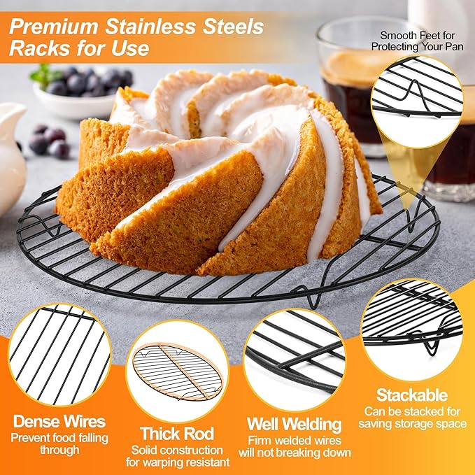 P&P CHEF 10½ Inch Cooking Rack Round, Stainless Steel Round Rack for Cooking Cooling Steaming Baking, Fit Air Fryer Pot Pressure Cooker, 2 Pack -Oven Safe, Black