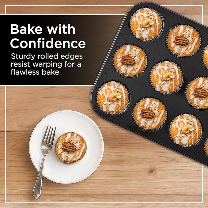 Wrenbury Nonstick Muffin Pan 12 Cup – Deep Cupcake Yorkshire Pudding Tin, PTFE & PFOA Free Carbon Steel, Warp Resistant Baking Tray for Even Bakes