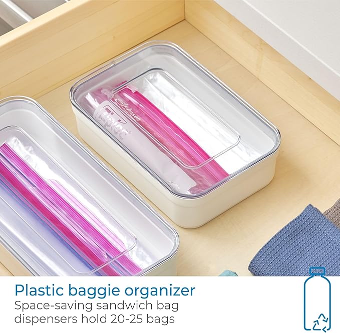 iDesign Recycled Plastic Sandwich Ziplock Bag Holder and Dispenser – 6” L x 9” W x 2.2” H, White/Clear