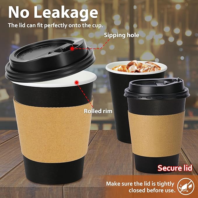 500 Pack 12 oz Disposable Paper Coffee Cups with Lids and Sleeves, Leak-free Disposable Insulated Paper Cups for To Go Hot or Cold Beverages(Black)