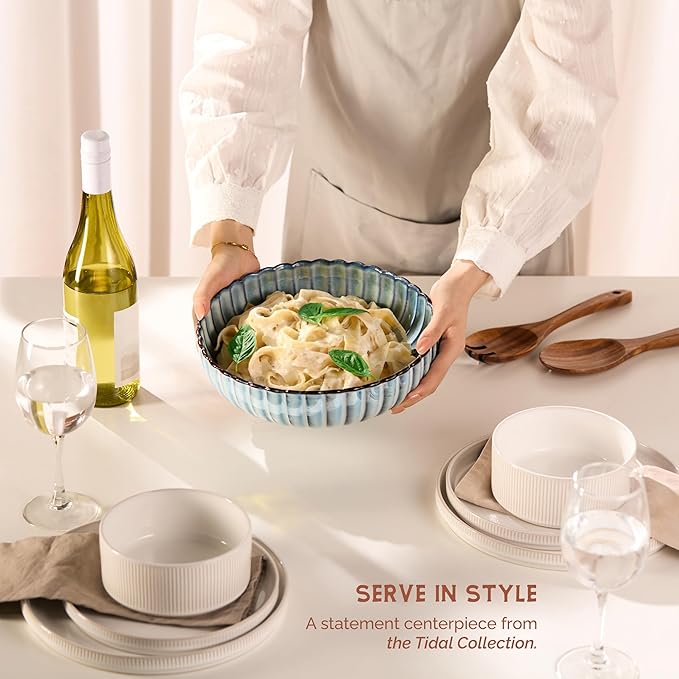 Serving Bowls, Durable Ceramic, Large, Microwave and Dishwasher Safe, Scalloped Shell Shape, Ombre Blue, 70 oz, Set of 2, Tidal Collection
