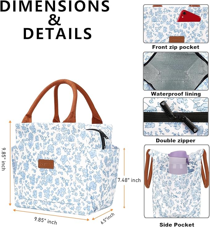 Joymee Lunch Bag Women Insulated Lunch Box Reusable Leakproof Large Spacious Cooler Tote for Women Men Adult with Bottle Holder and Side Pockets for Work Office Travel Picnic -Blue Floral