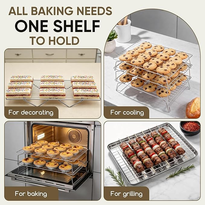 Herogo 15" x 10" Cooling Rack, 3-Tier Stainless Steel Baking Rack for Cookies, Cupcakes, and Pastries, Collapsible Space-Saving Design, Dishwasher Safe, Ideal for Baking, Roasting, and Drying