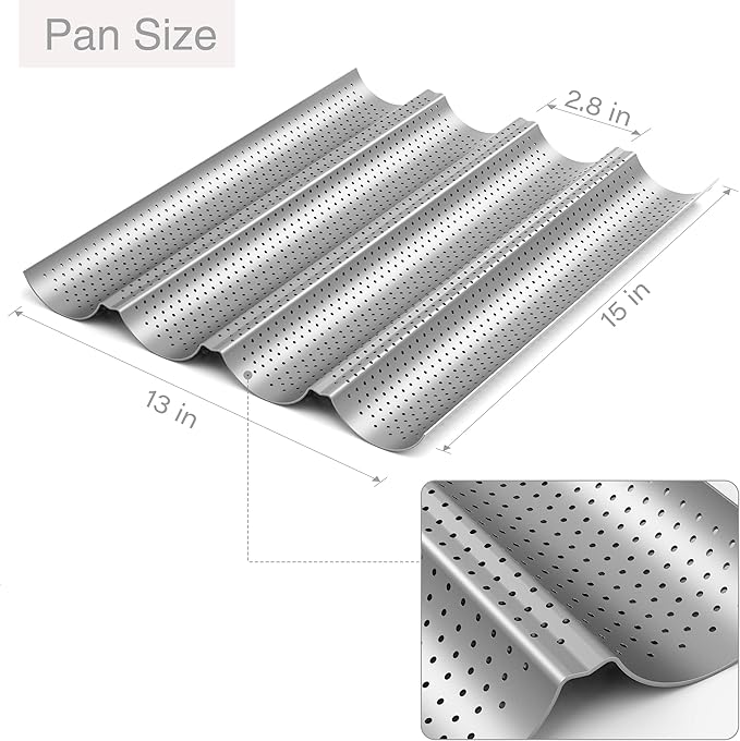 Tiawudi 2 Pack Nonstick Perforated Baguette Pan 15" x 13" for French Bread Baking 4 Wave Loaves Loaf Bake Mold Oven Toaster Pan (Silver)