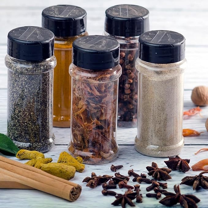 TUZAZO 6 Pcs Spice Bottles Plastic Seasoning Containers, 3 Oz Clear Plastic Spice Jars with Shaker Lids Empty for Spice & Herbs, Powders, Glitters, BPA Free | Heavy Duty | Wide Mouth | Dual Flaps