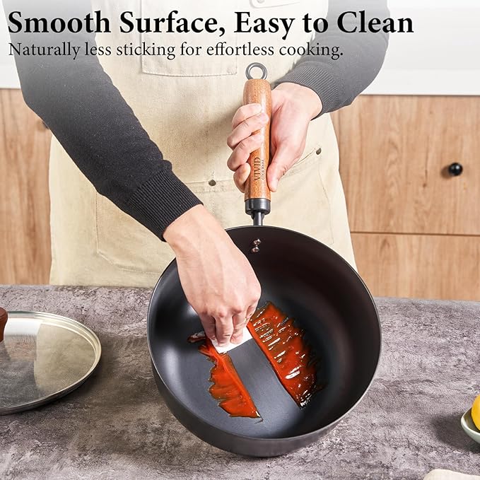 Carbon Steel Wok Pan 9.8", 4QT Deep Wok with Lid, Flat Bottom Wok Pan with Wooden Handle for Stir Fry, Soup, Braising & Noodles, Uncoated Carbon Steel Pan for Gas, Electric & Induction