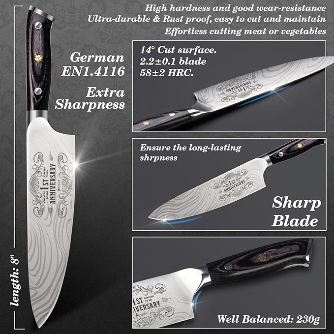 1 Year Anniversary Paper Gifts for Boyfriend, 1st Anniversary Present for Men Him Husband, 8 inch Pro German Chef Knife, One Year Kitchen Knife Gift Set, Best First Year Birthday Him Gifts