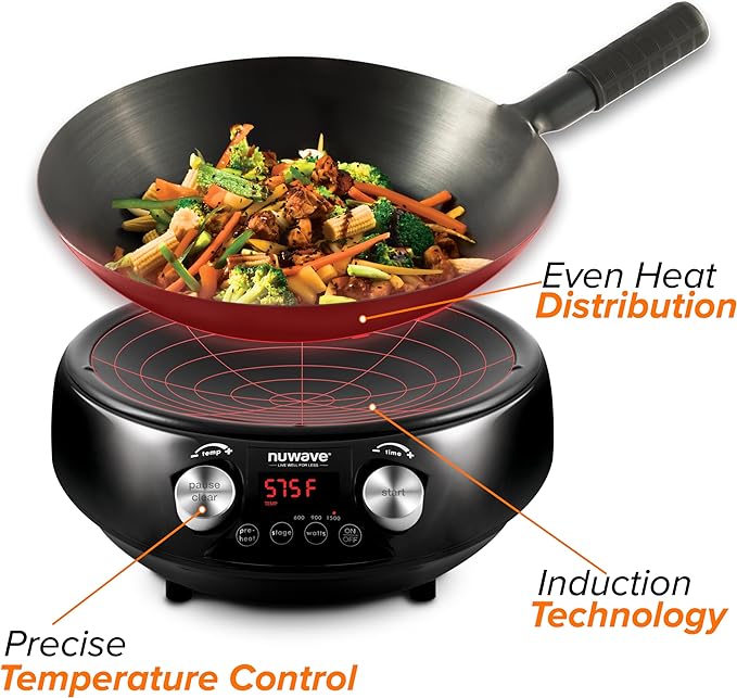 Nuwave Mosaic Induction Wok, Precise Temp Controls from 100°F to 575°F in 5°F, Wok Hei, Infuse Complex Charred Aroma & Flavor, 3 Watts 600,900 & 1500, Authentic 14-inch Carbon Steel Wok Included,Black