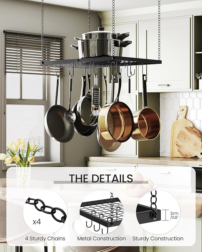 Hanging Pot Rack, Ceiling Mounted Pot Hanger for Kitchen, Metal Cookware Storage Organizer with 12 Hooks, for Storage of Cookware, Utensils in Kitchen, 23.7" L, Black TPR03BB