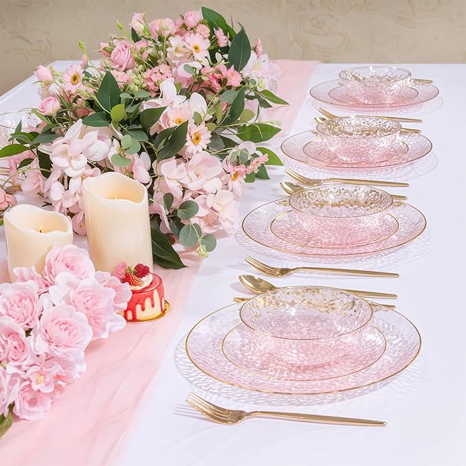 I00000 20 Pack 12 Ounce Pink Plastic Bowls Hammered Gold Rimmed Crystal Like, Heavy duty Disposable Bowl Set,Elegant Soup/Salad/Dessert/Ice Cream Small Bowls for Party Weddings