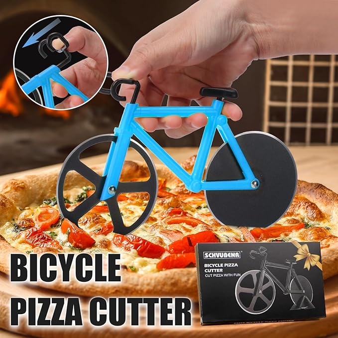 Bicycle Pizza Cutter Wheel - Gifts for Cyclists, Men, Dad, Bike Lovers - Funny Kitchen Gadgets - Cool Father’s Day, Christmas, Birthday, White Elephant Gifts - Stainless Steel Pizza Slicer(Blue)