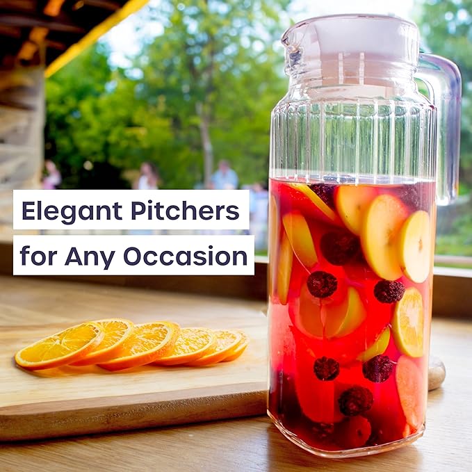 Glass Pitcher with Lid – 2 Pack 34 oz Glass Water Pitcher with Handle, Ribbed Glass Container with Lid and Vented Spout for Fridge Shelf, Iced Tea, Lemonade, Juice