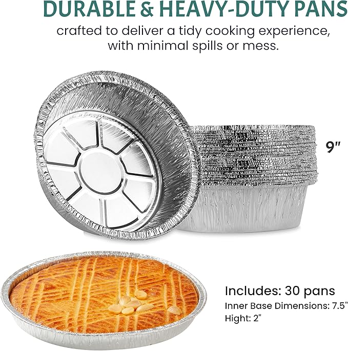 FUNSTITUTION Round Disposable Aluminum Pie Pans (30 Pack) - 9 Inch Disposable Pie Pans - Round Aluminum Foil Pans For Baking, Grilling, Cooking, Storing, Prepping