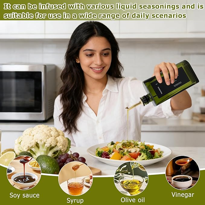 R DRURLCD Dark Green Glass Olive Oil Dispenser Set of 2, 16.9oz/500ml Curved UV-Blocking Oil and Vinegar,Soy Sauce,Coffee Syrup Bottles, 4 Gold Silver Stainless Steel Pourers for Kitchen