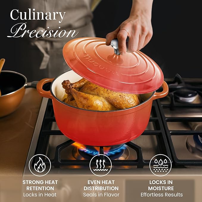 Cast Iron Dutch Oven with Lid – Non-Stick Ovenproof Enamelled Casserole Pot – Sturdy Dutch Oven Cookware – Orange, 3.1-Quart, 22cm – by Nuovva