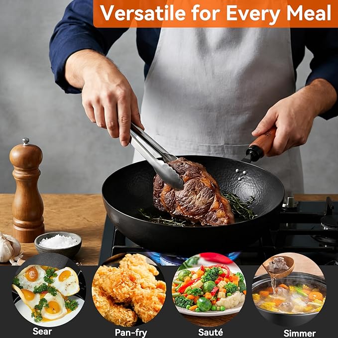 WANGYUANJI 11" Iron Skillet with Glass Lid & Griddle Spatula, Flat-Bottom Frying Pan, Uncoated & Unseasoned, Induction/Gas/Electric Compatible, Wooden Handle (Seasoning Required)