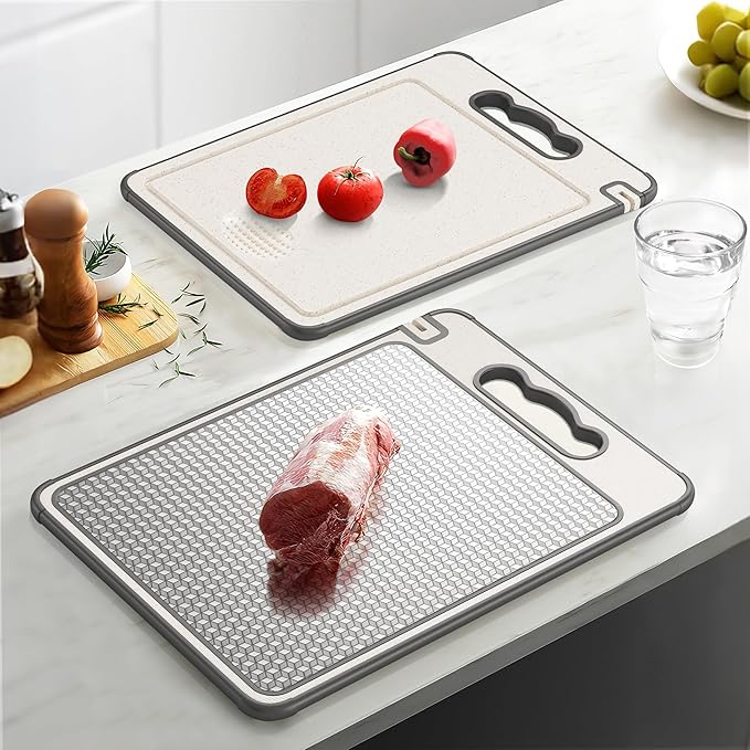 Double Sided 304 Stainless Steel & Wheat Straw Cutting Board, Non Toxic Chopping Board, Dishwasher Safe, Scratch Resistant Mesh Design, 16"*11"with 14.4"*9.8"
