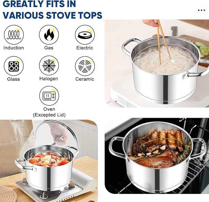 TeamFar 5 QT Stock Pot, Tri-ply Bottom Stainless Steel Stockpot Cooking Soup Pasta Pot with Lid for Gas/Induction/Electric Stoves, Non-toxic & Heavy Duty, Double Handles & Dishwasher Safe