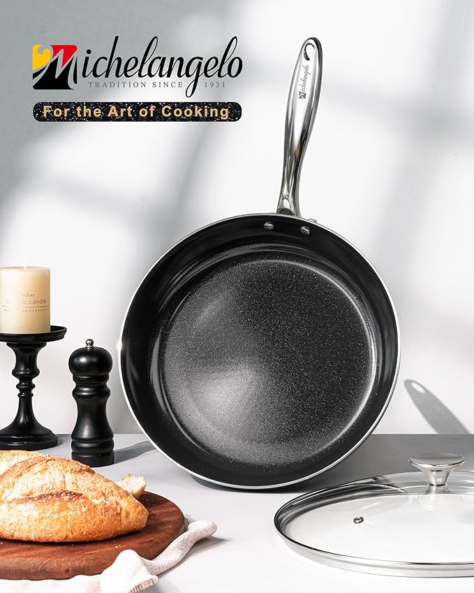 MICHELANGELO Non Stick Frying Pan - 12 Inch Frying Pan Nonstick with Lid, Large Fry Pan Induction Compatible, Black Ceramic Skillet with Lid