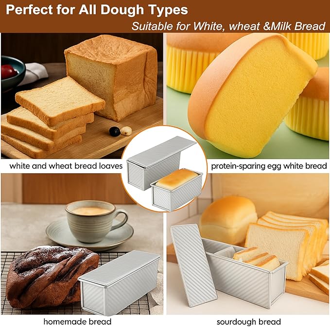 2-Pack Pullman Loaf Pan with Lid –Includes Two Size 13 by 5 & 8.4 by 4.8 Loaf Pan, Silver Textured Finish, Vented Bottom, Nonstick Bread Pan Set, Ideal for Sandwich Bread, Toast, Sourdough