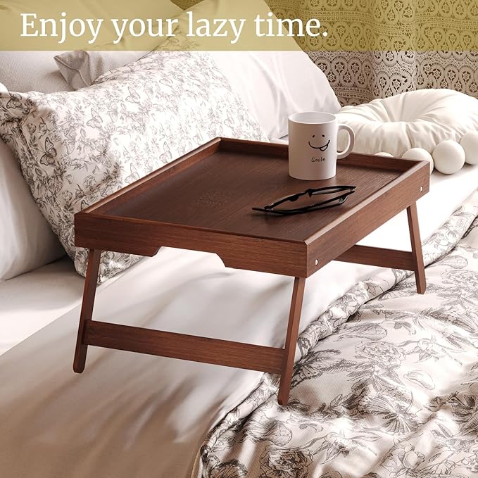 3 Pack Bamboo Bed Tray Table with Folding Legs,Breakfast Trays,Serving Tray,Laptop Tray for Working,Food Snack Tray for Bed and Sofa(Brown)
