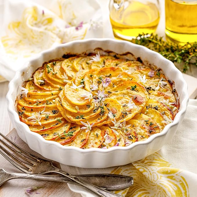 DELLING Set of 2 Ceramic Tart Pans, 9.5 inch Quiche Pan, Fluted Edge Quiche Baking Dish/Pie Pan, Perfect for Baking Tart Pies and Chicken Pot Pie, Cheesecake, Creme Brulee, Round, White