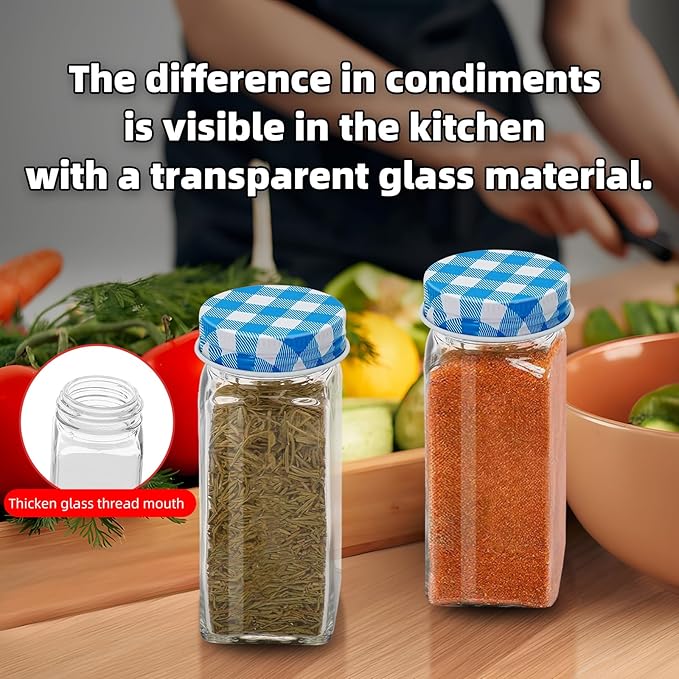2Pcs 4oz Glass Spice Jars with Shaker Lids, Spice Jars Trial Set & Supplement Set, Empty Spice Containers and Square Spice Bottles for Kitchen (Blue grid iron Lids)