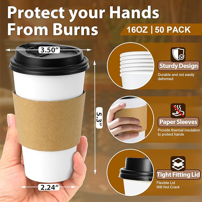 50 Pack 16 oz Disposable Coffee Cups with Lids and Insulated Sleeves, Leak-free Paper and Sturdy Thick Paper Hot to Go Coffee Cups with Lids for Cold/Hot Beverage (White)
