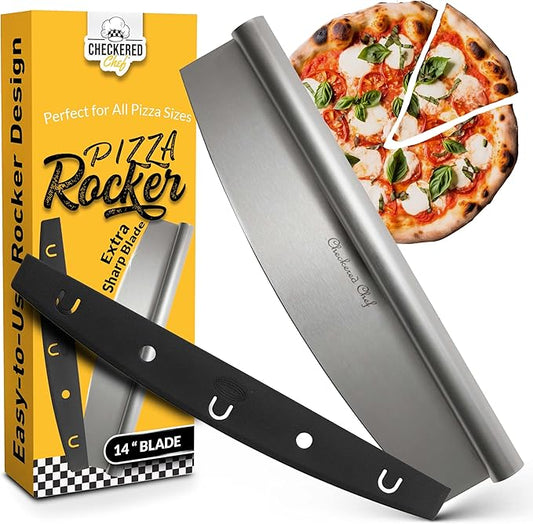 Checkered Chef Pizza Cutter Rocker Blade 14" - Sharp Stainless Steel Rocker Knife with Plastic Blade Sheath, Dishwasher Safe, Outdoor Pizza Oven Accessories