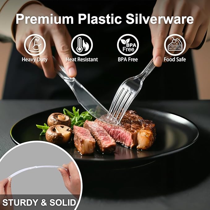 360 Count Extra Heavy Duty Plastic Silverware, BPA-Free, Heat Resistant, Disposable Clear Plastic Utensils Set, Plastic Cutlery Set, Plasticware Bulk for Parties, Events and Everyday Use