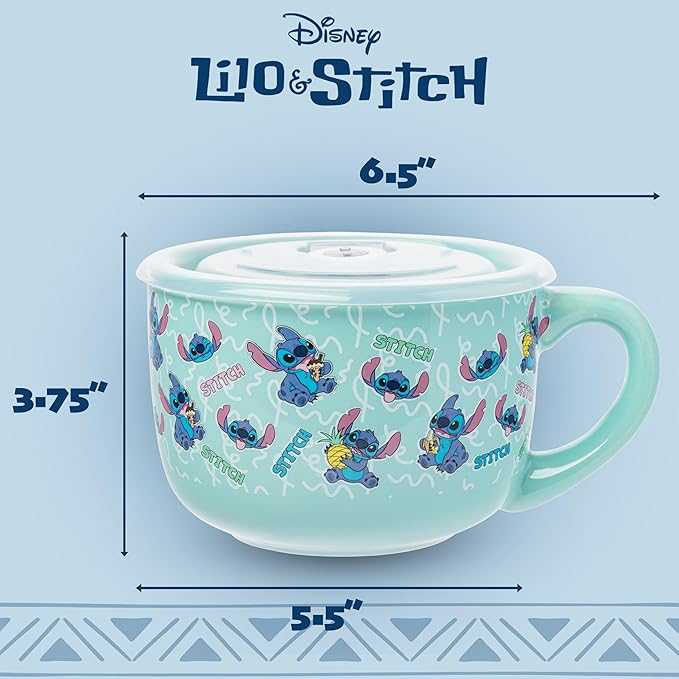 Silver Buffalo Disney Lilo and Stitch Snack and Food Pattern Ceramic Soup Mug with Vented Plastic Lid, 24 Ounces