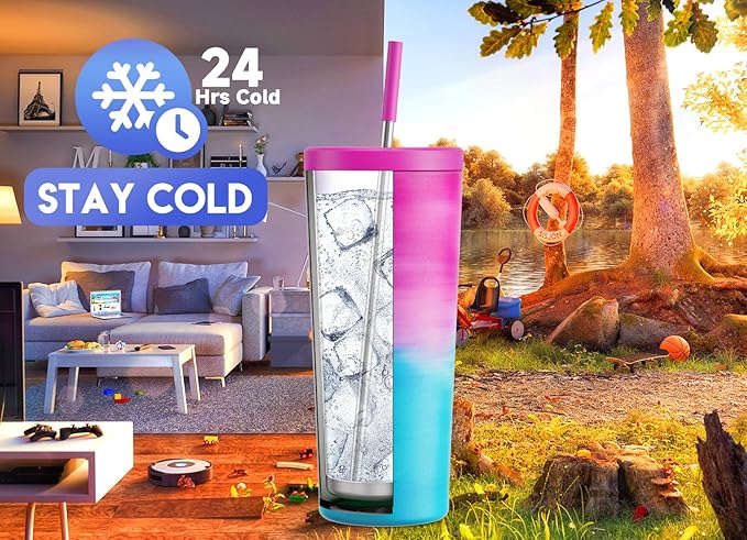 Meoky 24 oz Insulated Tumbler with Lid and Straw, Stainless Steel Vacuum Insulated Tumbler, Keeps Cold for 24 Hours, 100% Leak Proof, Fits in Car Cup Holder (Marshmallow)