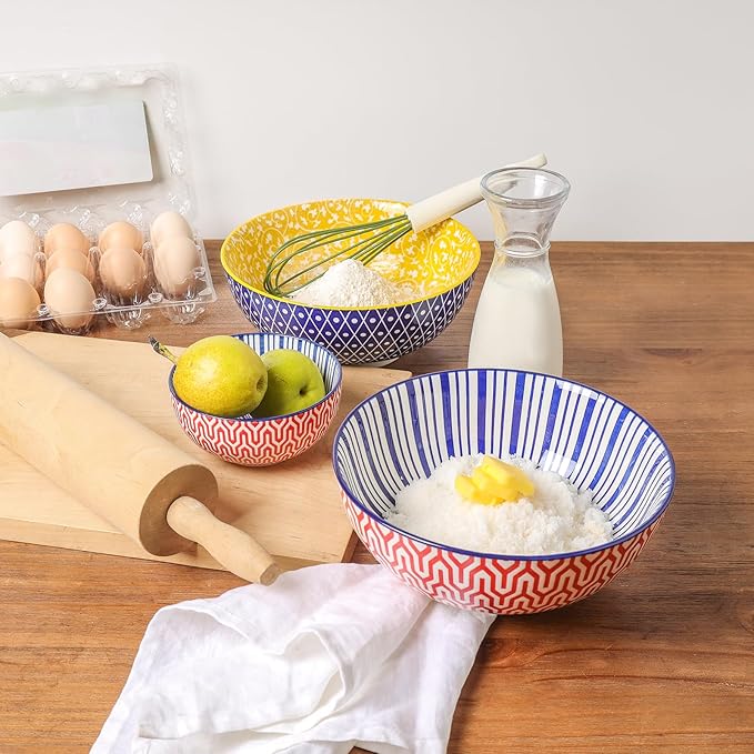 Selamica Ceramic Large Salad Bowls Set, 53 OZ Pho Bowls 8 Inch Soup Bowls for Kitchen, Large Serving Bowls for Ramen Pasta Fruit Dinner, Stackable & Sturdy, Set of 3, Assorted Colors