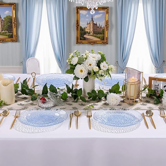 Rubtlamp 60Pcs Easter Plastic Blue Plates, Heavy Duty Disposable Plates, Blue Hammered Party Plate Include 30 Dinner Plate, 30 Dessert Platos, Fancy Disposable Platos For Spring