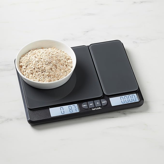 Taylor Dual Platform Food Kitchen Scale, Digital Grams and Ounces for Weight Loss, Baking, Cooking, Meal Prep, Spices, and Coffee, Backlit Display, Glass Platforms, 15lb, and 16oz Capacity, Black