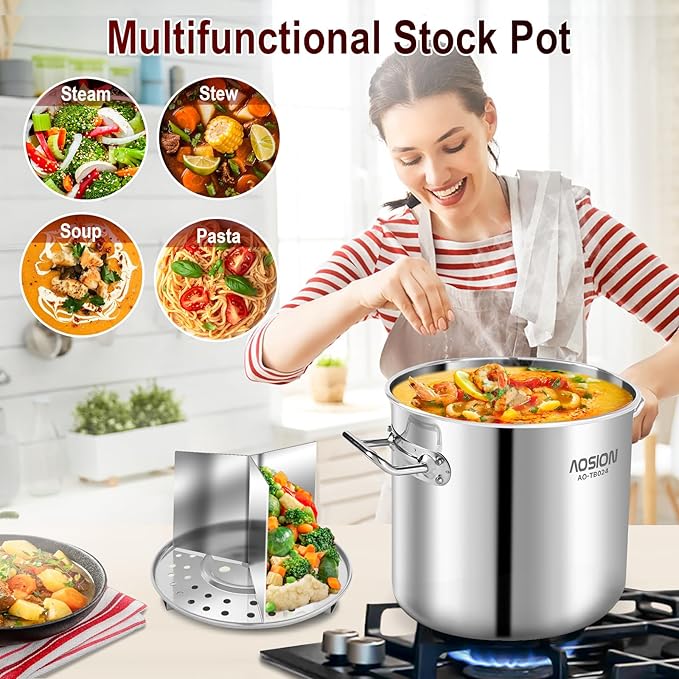 AOSION 24 Quart Stainless Steel Stock Pot With Lid, 3-IN-1 Heavy Duty Tamale Steamer Pot with Visible Lid for Pasta,Large Crawfish Pot for Cooking with Steam Rack,Dishwasher & Oven Safe.