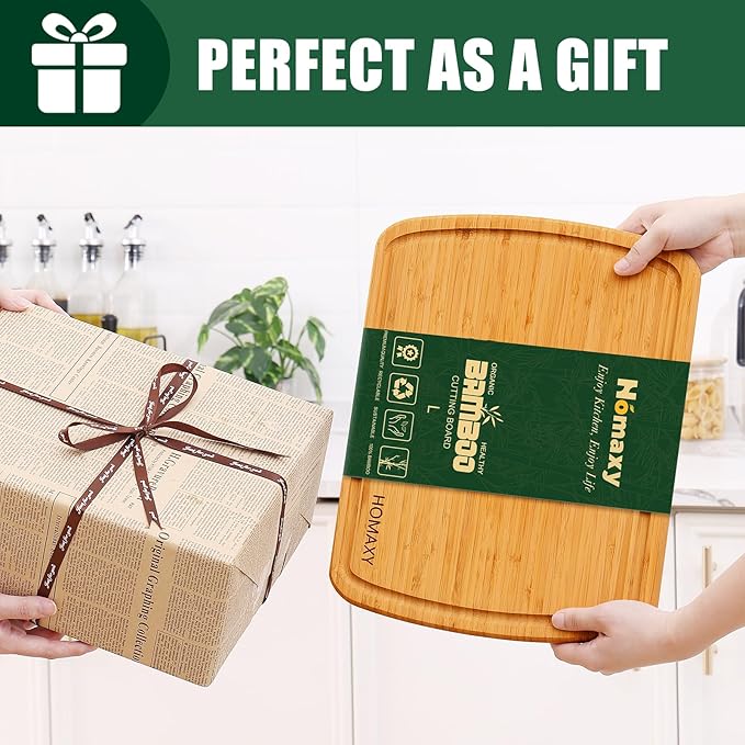 Homaxy Large Bamboo Cutting Boards for Kitchen,14.5x11.5" Wood L Cutting Board with Juice Groove, Wooden Butcher Block Chopping Board for Kitchen, Meat, Cheese, Fruit & Vegetables - Pre Oiled