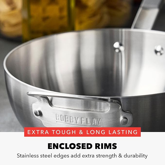 GreenPan x Bobby Flay Stainless Steel 3.75QT Saucepan & Glass Lid, Professional Grade Tri-Ply Chefs Pan, Multiclad, Induction Suitable, Dishwasher & Oven Safe, Stay Cool Silicone Handle,Chip Free Rims