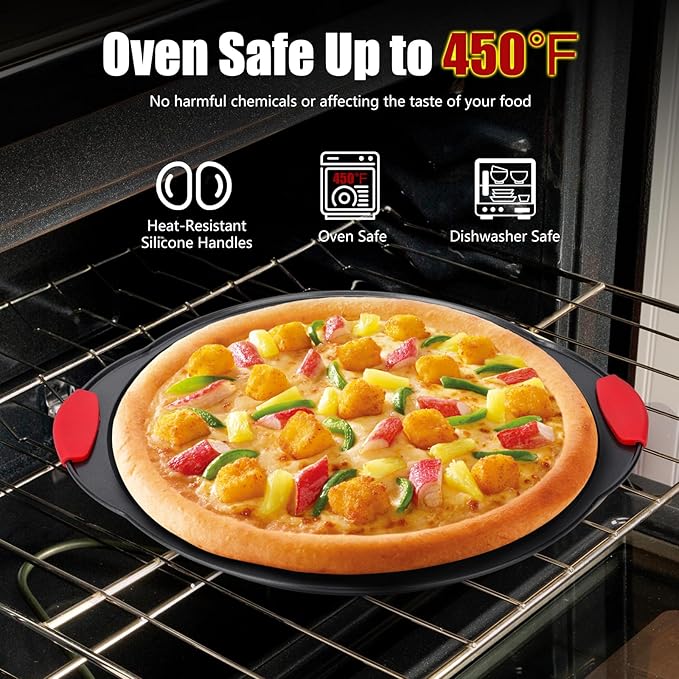 Pizza Pan for Oven (2 PACK), Pizza Baking Trays with Pizza Cutter, Non-Stick Pizza Baking Pan with Perforated Holes and Silicone Handle, Oven & Dishwasher Safe Carbon Steel