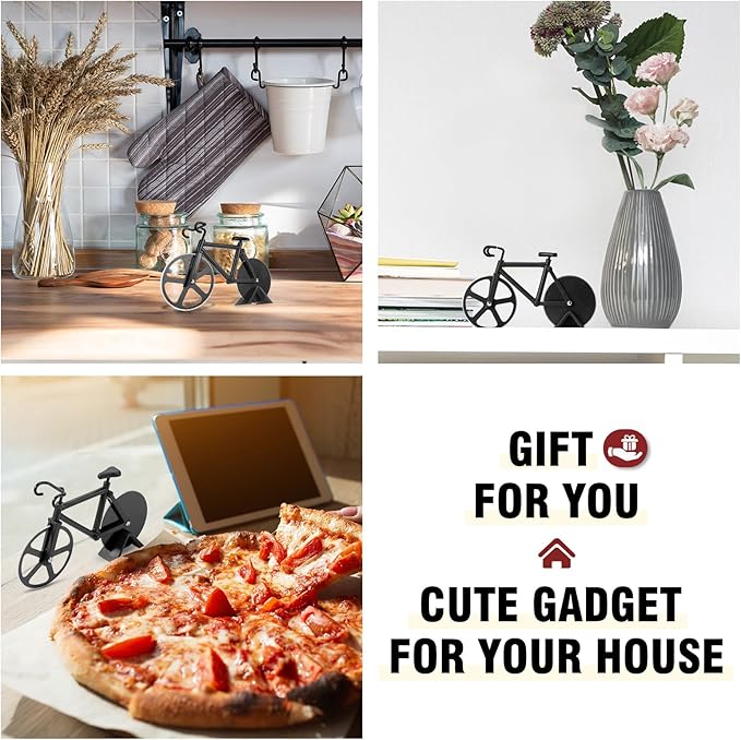 Bicycle Pizza Cutter Wheel - Gifts for Cyclists, Men, Dad, Bike Lovers - Funny Kitchen Gadgets - Cool Father’s Day, Christmas, Birthday, White Elephant Gifts - Stainless Steel Pizza Slicer(Black)