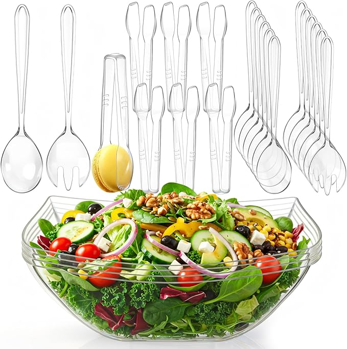 22 Pcs 32 oz Clear Plastic Serving Salad Bowl with 9'' Plastic Serving Spoons Forks and Tongs Disposable Utensils for Weddings Catering Birthday Party Supplies
