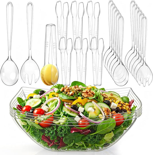 22 Pcs 32 oz Clear Plastic Serving Salad Bowl with 9'' Plastic Serving Spoons Forks and Tongs Disposable Utensils for Weddings Catering Birthday Party Supplies