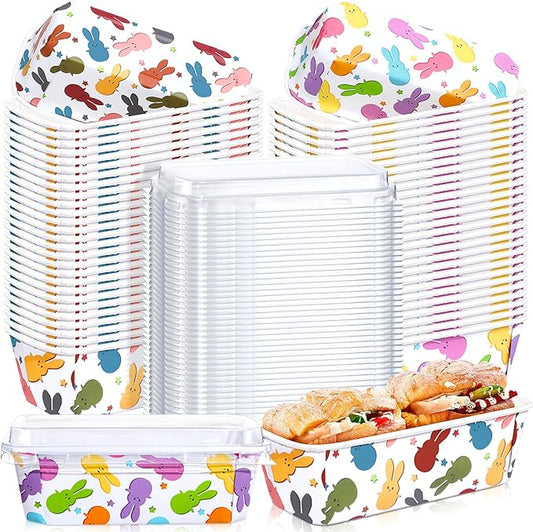 LemonRoad 100 Pcs Easter Mini Loaf Pans with Lids 6.3 x 2.2 x 2.2 Inch Rabbit Disposable Paper Baking Pans Bulk, Easter Baby Shower Baking Party Supplies for Cake Bread Oven Bakery